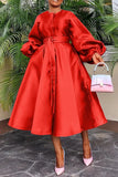 ZJKRL -  Elegant Satin Lantern Sleeve Party Maxi Dress Women Solid Button Down Shirt Evening Wedding Long Dress Women