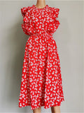 Zjkrl  -  Summer Ladies Elegant Dot Print Chic Dress Women Casual Butterfly Sleeve Ruffles Medium Long Chiffon Dress