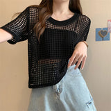 Zjkrl  -  Women Chic Short Sleeved Knit T-shirt Casual Beach Slim Tops O-Neck Sexy Hollow Out Knitting Shirt For Women Summer