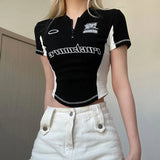 Zjkrl  -  Black Short Sleeve Women's T-shirt Summer Letter Embroidery Patchwork Sexy O-Neck Crop Top Casual Fashion Zippers T Shirt Female