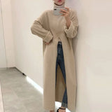 Zjkrl  -  holiday outfits High Neck Loose Slit Long Knit Sweater Bottom Sweater Dress Vestidos De Mujer Black Knitted Robe Vintage New Korean