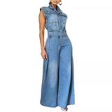 Zjkrl  -  Jumpsuits Women One Piece Denim Jeans Overalls Sleeveless High Waist Turn Down Collar Wide Leg Long Pants Rompers Summer