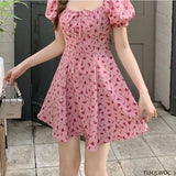 Zjkrl - Korean Chic Dress Elegant Temperament New 2024 Woman Japan Floral Print V Neck A Line Lace-Up Bow Tie Retro Vintage Cute Dress
