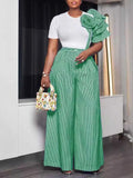 ZJKRL -  Wide Leg Woman Pants Set Summer Appliques White Top and Stripe Trouser Two Piece Office Ladies Wear