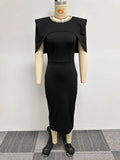 ZJKRL -  Elegant Bead Dress 2 Piece Sets Women Solid Fashion Cloak Vest Tops Bodycon Tank Dress Suit Women Party Evening 2 Piece Outfit