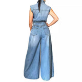 Zjkrl  -  Jumpsuits Women One Piece Denim Jeans Overalls Sleeveless High Waist Turn Down Collar Wide Leg Long Pants Rompers Summer