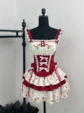 Zjkrl  - holiday outfits France Vintage Slim Square Neck Print 2 Piece Set Women Sweet Cute Lace Bow Patchwork Tops Female + High Waist Short Skirt