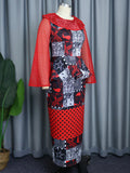Women Printed Long Party Dress Mesh Hollow Out Patchwork O Neck  Ruffle See Through Vintage Classy Celebrate Occasion Gown Retro