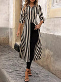 ZJKRL -  New Women's Extra Long Shirt Top Lapel Collar Long Sleeves Striped Long T-shirt Split-joint Pleated Blouse