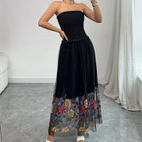 ZJKRL -  Fashion Mesh Spliced Women Black Strapless Dress Summer New Floral Embroidery Maxi Dress 2025 Casual Simple Pleated Vestidos