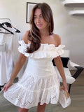 Zjkrl - Beach Style Vacation Summer Dress Women Clothes  Sweet White Cutwork Embroidery Dress Ruffle Trim Off Shoulder Short Dresses