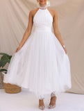 ZJKRL -  Elegant Pleated Mesh Maxi Wedding Dress Women Solid Halter High Waist Sleeveless Party Cocktail Bridesmaid Long Dresses
