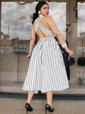 ZJKRL -  Summer Women White Casual Dress A-line Backless Dresses with Crossed Neck on Back Elegant and Youthful Sexy Dresses Stripe Print