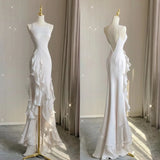 Zjkrl  -  Elegant White Round Neck Slim Fit Sleeveless Women Wedding Dress Evening Party Gown with Ruffles Vestidos De Novia