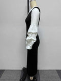 ZJKRL -  Women Sexy Spring Dresses with White Diagonal Collar Slim Fit Dress Long Sleeves Black Elegant Dress with Slit