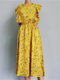 Zjkrl  -  Summer Ladies Elegant Dot Print Chic Dress Women Casual Butterfly Sleeve Ruffles Medium Long Chiffon Dress