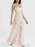 Women Elegant Spaghetti Strap Long Dress Floral Lace Sleeveelss Sling Backless Lace-up Summer Beach Holiday Sundress