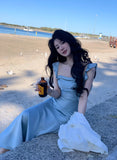 ZJKRL -  New Summer French Fashion Women Spaghetti Strap Elegant Long Mermaid Ruffles Dresses Evening Party Prom Clothes
