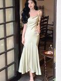 ZJKRL -  New Summer French Fashion Women Spaghetti Strap Elegant Long Mermaid Ruffles Dresses Evening Party Prom Clothes