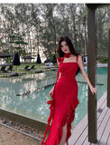 ZJKRL -  Fashionable Suspender Sexy Floral Red Dress Summer Print Elegant V-neck Pullover Tie Tight Women's Backless Long Dress Z639