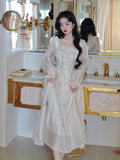 Yellow Sweet Korean Style Fairy Dress French Vintage Elegant Fairy Dress Women 2024 Summer Long Sleeve Evening Party Midi Dress