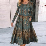 Vintage Fashion Pattern Print Boho Long Dress Women O Neck Patchwork A-Line Office Dress Spring Autumn Long Sleeve Party Dresses