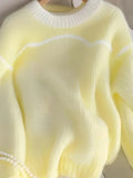 Zjkrl  -  holiday outfits Fashion Yellow Sweet Sweaters Women Casual Loose Elegant Knitted Jumpers Korean Long Sleeve O Neck Patchwork Pullovers New