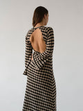 Zjkrl - Fashion Print Backless Knitted Long Dress Women Button Neck-mounted High Waist Robe 2023 Autumn Office Vacation Party Vestidos