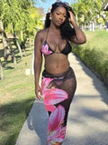 ZJKRL -  Puss Sexy Flower Print 3 Piece Set Women Thin Bra+Thong+ Long Skirts Matching Vacation Matching Clubwear Beach Swimsuit