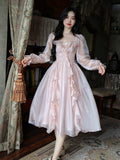 2024 Autumn Vintage Party Midi Dress Women Pink Fairy Korean Style Sweet Dress Female Bubble Sleeve Elegant Evening Party Dress