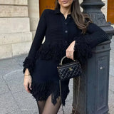ZJKRL -  Solid Spliced Tassel To Piece Set for Women Lapel Long Sleeve Top High Waist Skirts Female Fashion Style New