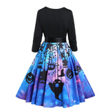 Pumpkin Ghost Star Galaxy Print Halloween Dress Long Sleeve Belted Flare Combo Dress Autumn Knee Length Casual Dress for Women