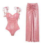 ZJKRL  -  New 3D Butterfly Decoration Sweet Girl Pink Shiny One-piece Swimsuit Set for Beauty Women