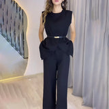 Zjkrl  -  Two Piece Sets Women Pants Set Round Neck Belt Sleeveless White High Waist Tops Solid Wide Leg Long Pants Slim Fit Elegant