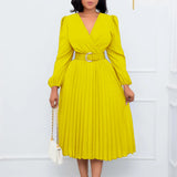 ZJKRL -  Autumn Ruffle Office Lady Dress Women Solid Pleated V Neck Ruched Long Sleeve Party Club Business Work Cocktail Maxi Dress Women