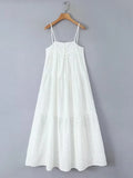 Zjkrl  -  Buttons Strap Summer Women's Dresses Casual Beach White Long Dress Embroidery Cotton Vestidos Holiday Vacation Dress