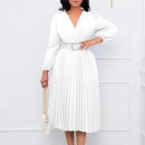 ZJKRL -  Autumn Ruffle Office Lady Dress Women Solid Pleated V Neck Ruched Long Sleeve Party Club Business Work Cocktail Maxi Dress Women
