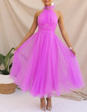 ZJKRL -  Elegant Pleated Mesh Maxi Wedding Dress Women Solid Halter High Waist Sleeveless Party Cocktail Bridesmaid Long Dresses