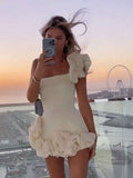 Zjkrl - Elegant Flower Edge Mini Dress Women Fashion Slim Off Shoulder Rose Pleated Short Robe 2023 Spring Female Party Evening Dresses