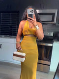 ZJKRL -  Halter Neck Dress for Women Evening Appliques Classy Elegant Gold Dress High Waisted Tights Summer Female Dress Long Sexy