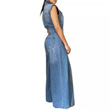 Zjkrl  -  Jumpsuits Women One Piece Denim Jeans Overalls Sleeveless High Waist Turn Down Collar Wide Leg Long Pants Rompers Summer