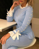 Women Fashion Casual Bowknot Cuff  Pullovers Top Autumn Fashion Sweet Style Knit Blouse Beaded Sweater