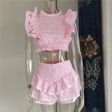 Zjkrl  -  New Summer Sunday Set elastic waistband Cropped top with ruffle detail and cute ruffle mini shorts skirts