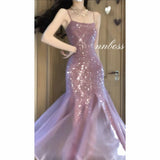 ZJKRL -  Hot Purple Strap Dress Women's Summer Vacation Style Fishtail Slim Fit French Skirt