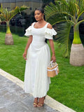 ZJKRL -  White Dresses Woman Summer Pleated Ruffle Hem Sexy Dress Ladies Off The Shoulder Elegant Long Slim Dress