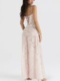 Women Elegant Spaghetti Strap Long Dress Floral Lace Sleeveelss Sling Backless Lace-up Summer Beach Holiday Sundress