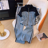 Zjkrl  -  holiday outfits Summer New Stitched Zipper T-shirt Top Female Set Elegant Women's Jeans Casual Blouse Two Piece Set Ladies Tracksuits