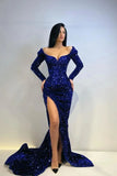 Zjkrl  -  Unique Wine Red Prom Dresses Long Sleeves Sequins Scoop Neck Sexy Split Formal Prom Party Gowns Maxi Women Night Robe De Soiree