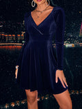 Zjkrl - Elegant Velvet V Neck Plain A Line Flare Dress Long Sleeve Surplice Neck Nipped Waist Medium Stretch Mini Wrap Skirt