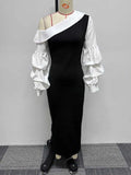 ZJKRL -  Women Sexy Spring Dresses with White Diagonal Collar Slim Fit Dress Long Sleeves Black Elegant Dress with Slit